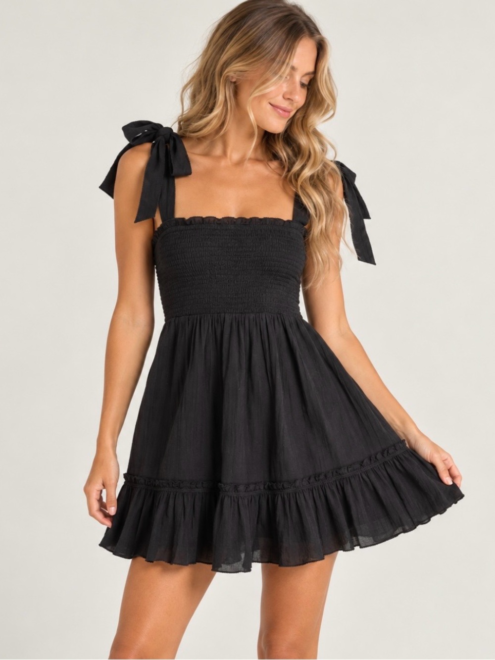Aerie Black Smocked Tie Shoulder Tiered Mini Dress XXS NWT